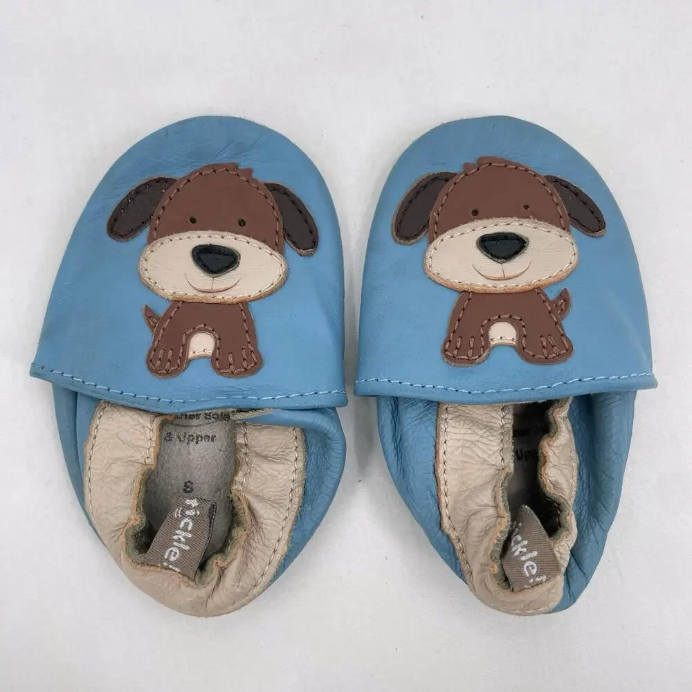 Puppy Shoes Blue Leather Baby Crib Soft Sole Slip On Footware Size 0-6 Months